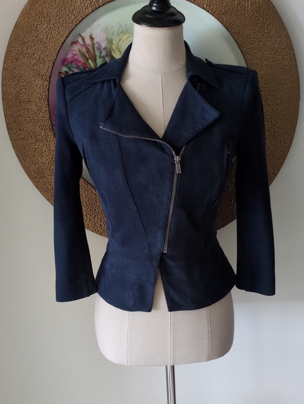 BCBG Women's Navy Asymmetrical Zip Suede Look Jacket